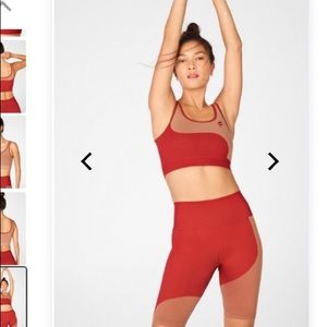 Red and tan athletic short set.